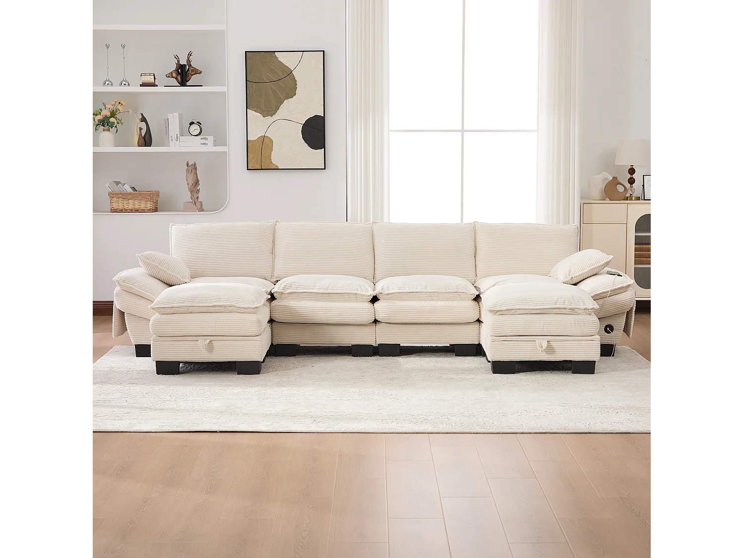 4-Sitzer-Cordsofa-Set – 330 x 132 x 84 cm – mit 2 Aufbewahrungshockern, USB-Anschluss und Taschen – beige