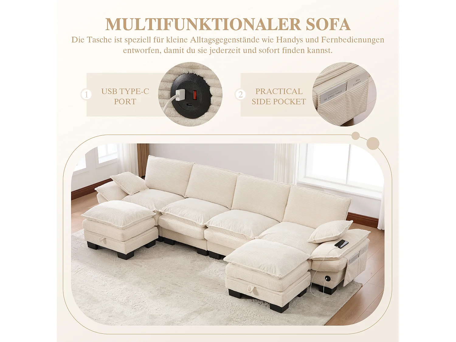 4-Sitzer-Cordsofa-Set – 330 x 132 x 84 cm – mit 2 Aufbewahrungshockern, USB-Anschluss und Taschen – beige