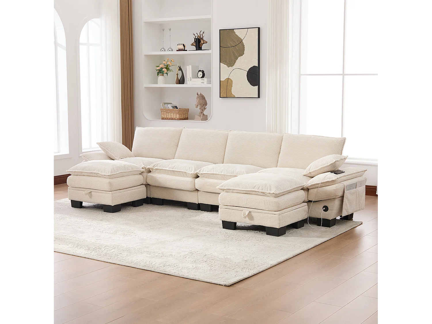 4-Sitzer-Cordsofa-Set – 330 x 132 x 84 cm – mit 2 Aufbewahrungshockern, USB-Anschluss und Taschen – beige