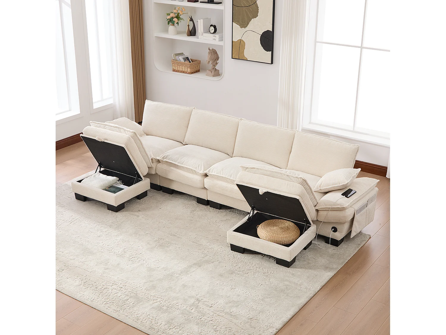 4-Sitzer-Cordsofa-Set – 330 x 132 x 84 cm – mit 2 Aufbewahrungshockern, USB-Anschluss und Taschen – beige