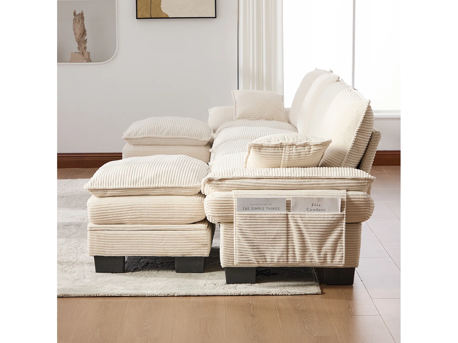 4-Sitzer-Cordsofa-Set – 330 x 132 x 84 cm – mit 2 Aufbewahrungshockern, USB-Anschluss und Taschen – beige