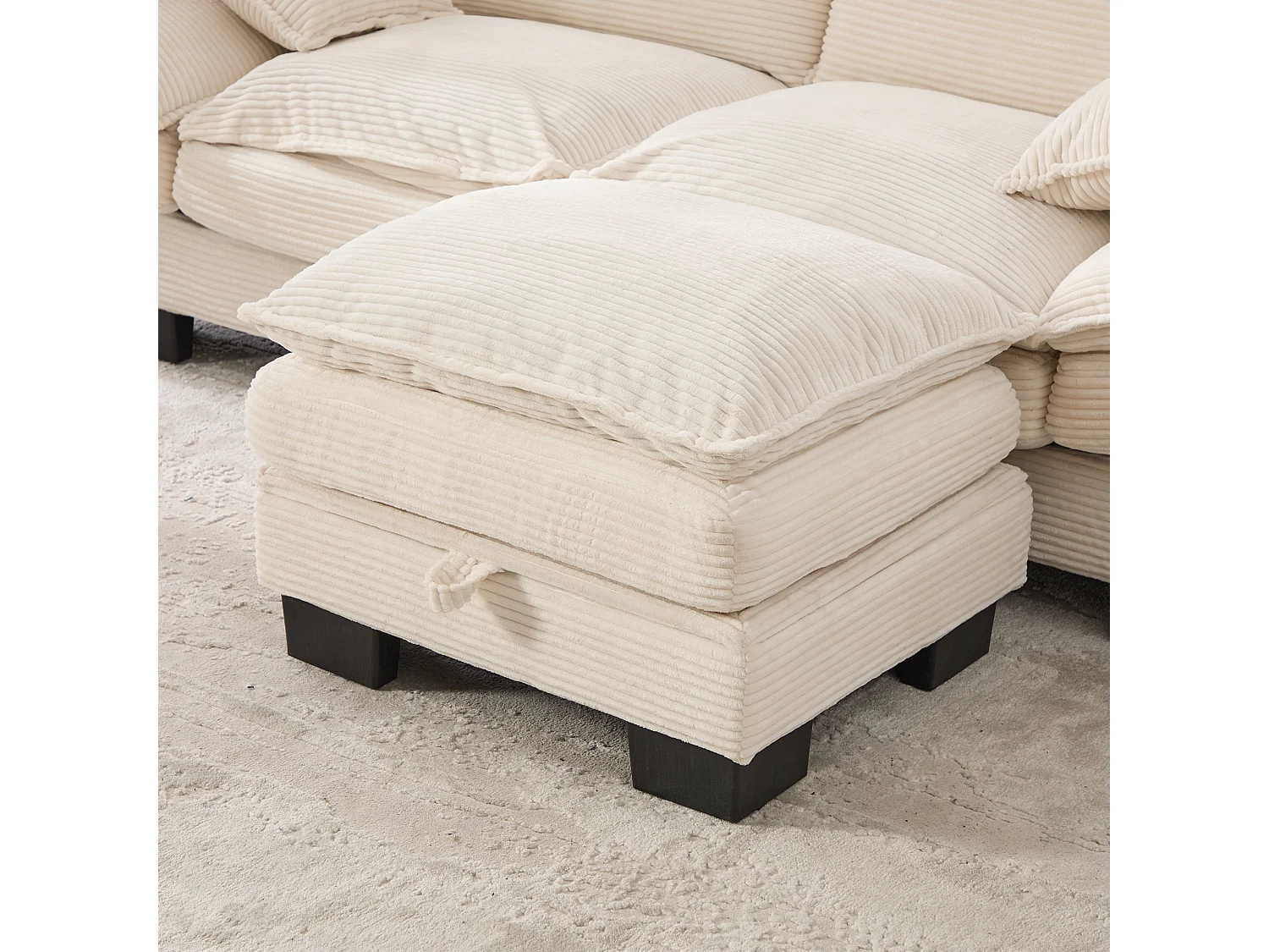 4-Sitzer-Cordsofa-Set – 330 x 132 x 84 cm – mit 2 Aufbewahrungshockern, USB-Anschluss und Taschen – beige