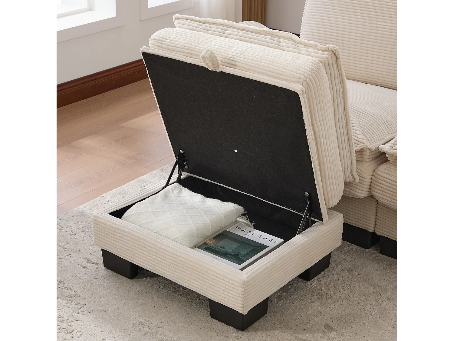 4-Sitzer-Cordsofa-Set – 330 x 132 x 84 cm – mit 2 Aufbewahrungshockern, USB-Anschluss und Taschen – beige