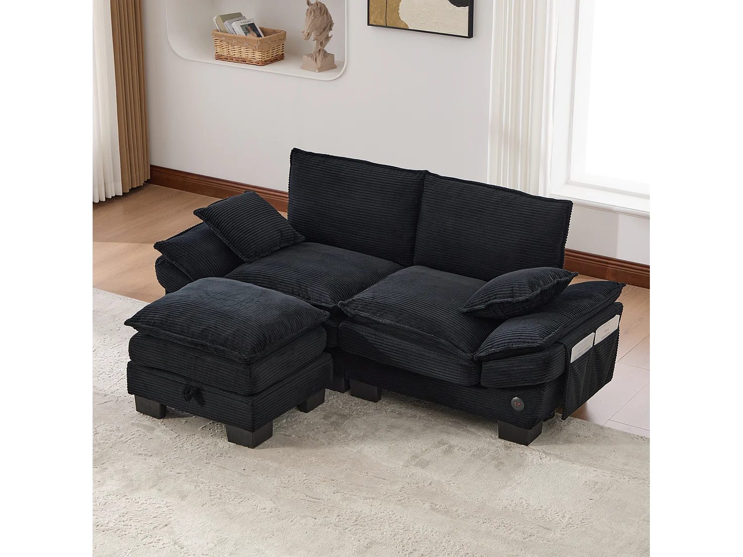 Zweisitzer-Cordsofa-Set – 190 x 132 x 84 cm – mit 1 Aufbewahrungshocker + USB-Anschluss + Taschen – schwarz