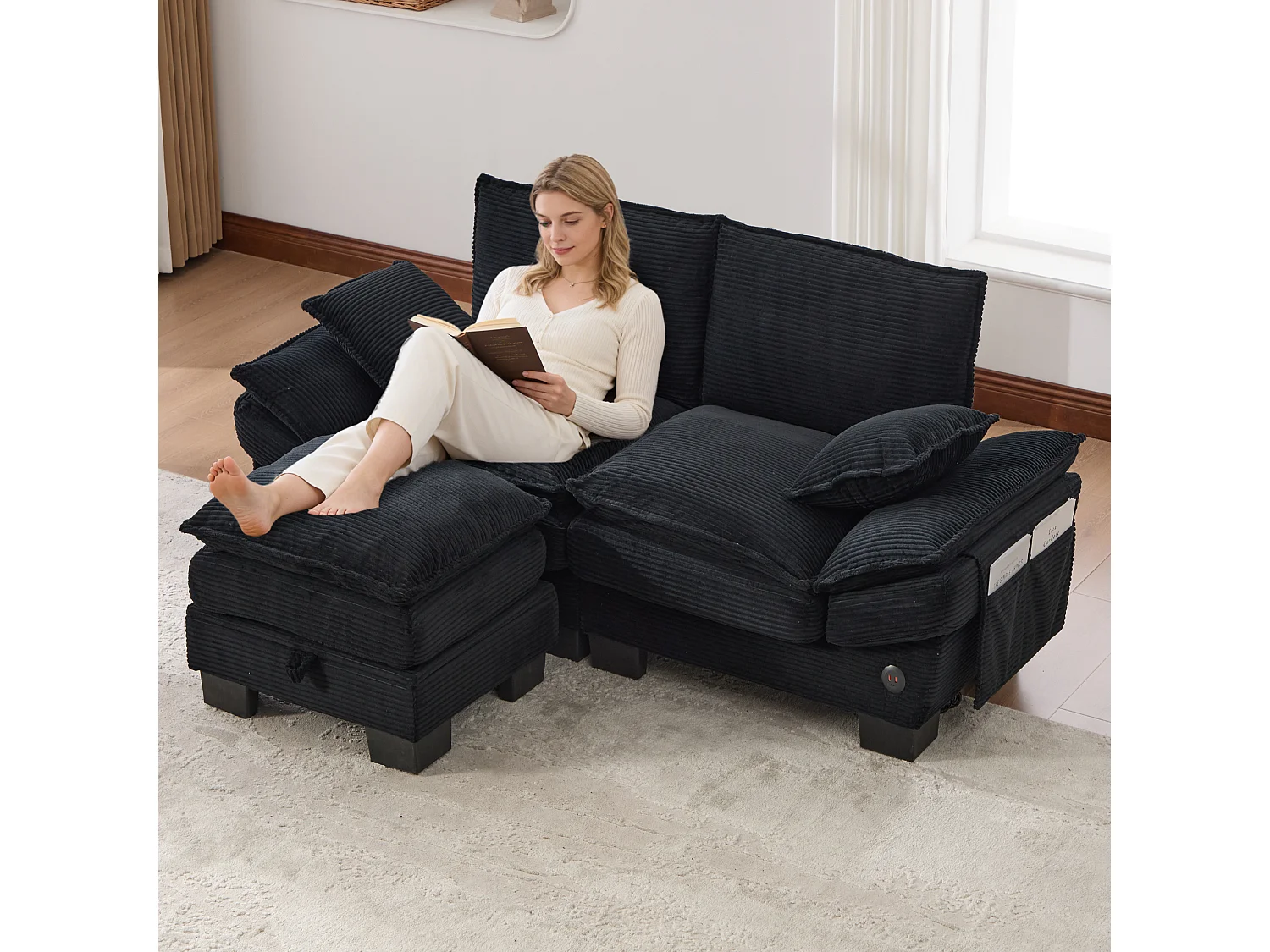 Zweisitzer-Cordsofa-Set – 190 x 132 x 84 cm – mit 1 Aufbewahrungshocker + USB-Anschluss + Taschen – schwarz