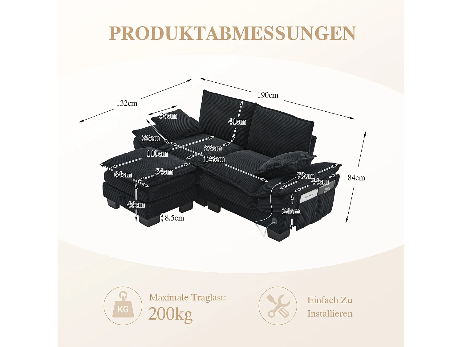 Zweisitzer-Cordsofa-Set – 190 x 132 x 84 cm – mit 1 Aufbewahrungshocker + USB-Anschluss + Taschen – schwarz