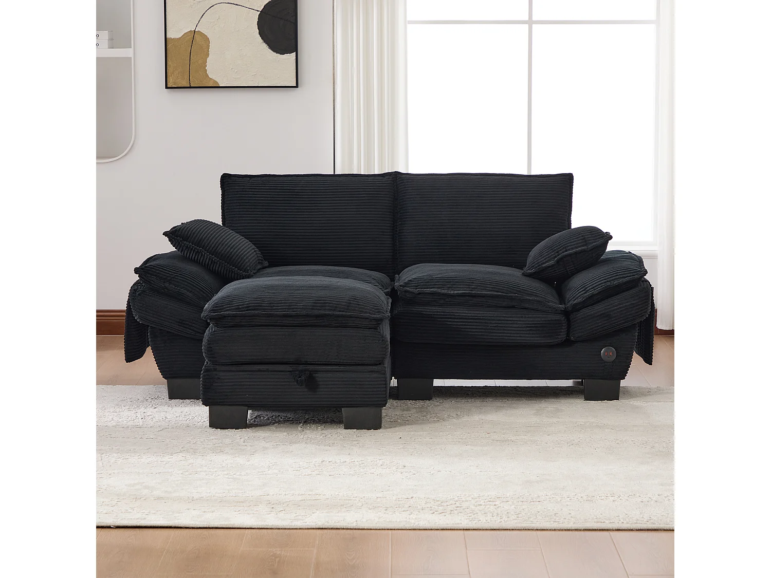 Zweisitzer-Cordsofa-Set – 190 x 132 x 84 cm – mit 1 Aufbewahrungshocker + USB-Anschluss + Taschen – schwarz