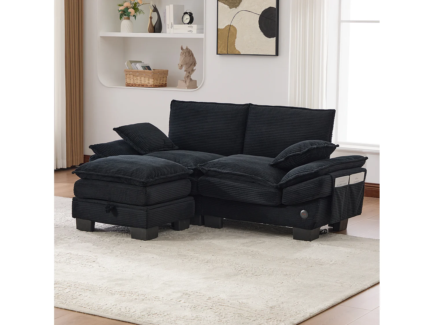 Zweisitzer-Cordsofa-Set – 190 x 132 x 84 cm – mit 1 Aufbewahrungshocker + USB-Anschluss + Taschen – schwarz