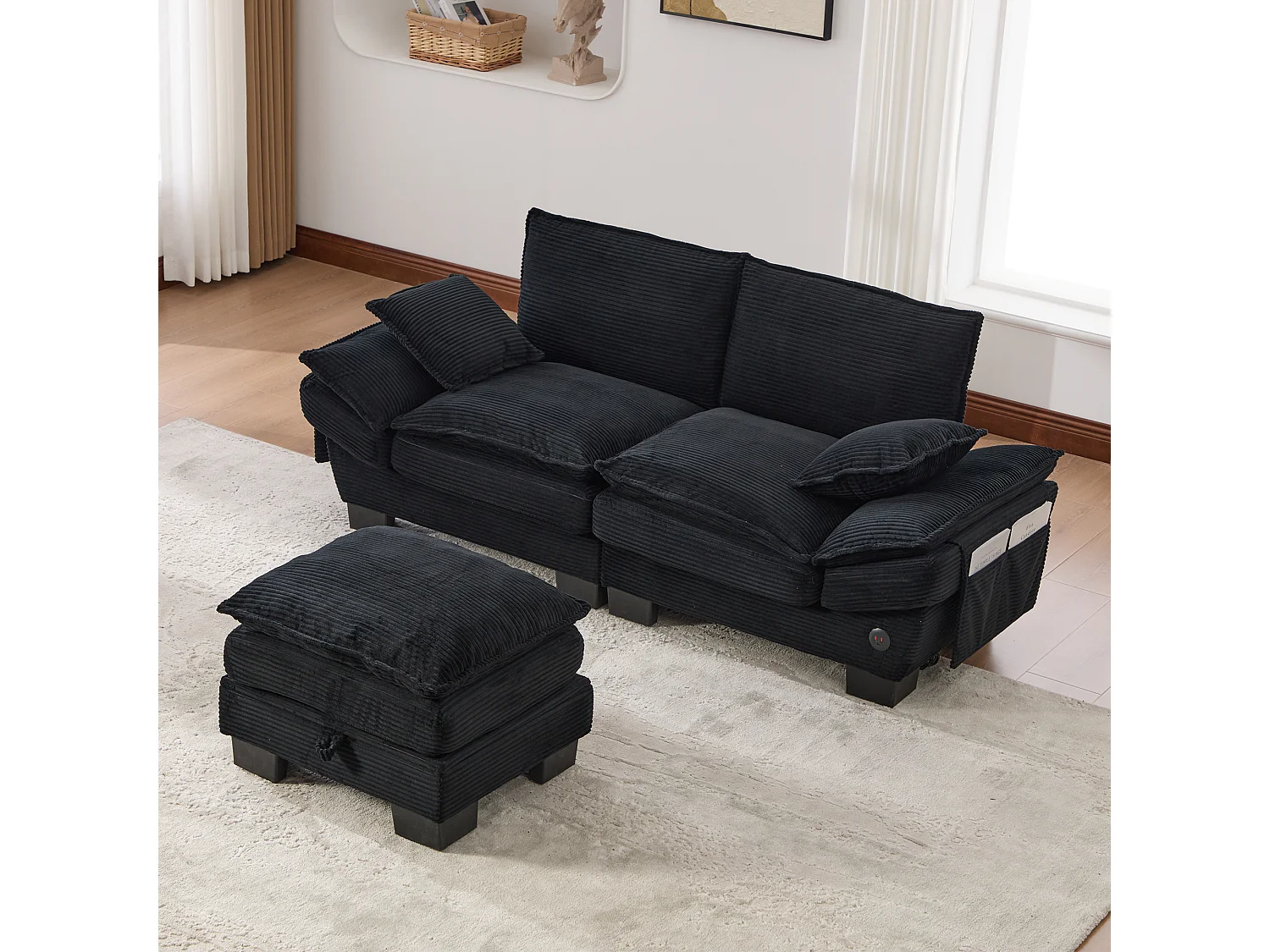 Zweisitzer-Cordsofa-Set – 190 x 132 x 84 cm – mit 1 Aufbewahrungshocker + USB-Anschluss + Taschen – schwarz