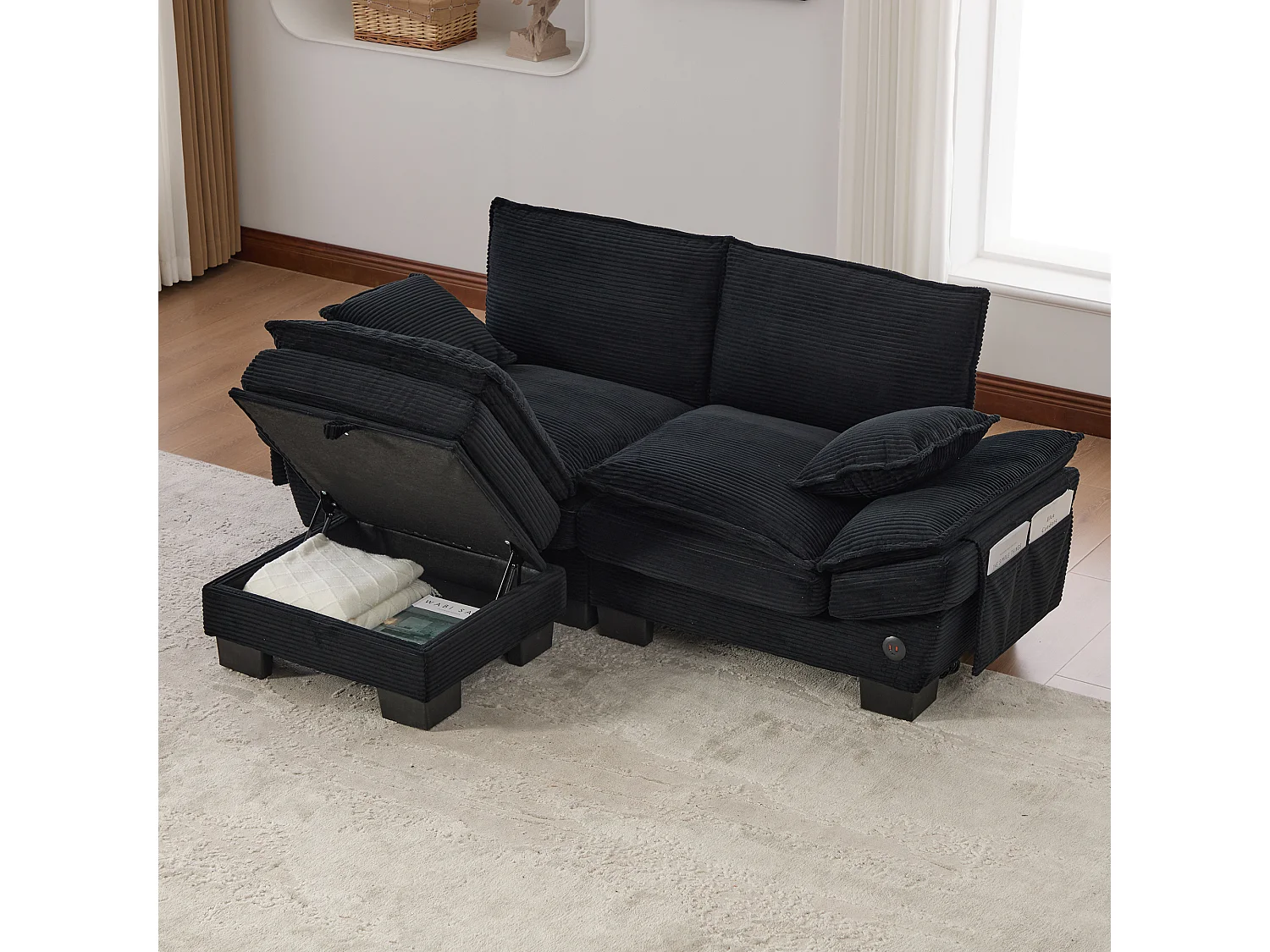 Zweisitzer-Cordsofa-Set – 190 x 132 x 84 cm – mit 1 Aufbewahrungshocker + USB-Anschluss + Taschen – schwarz