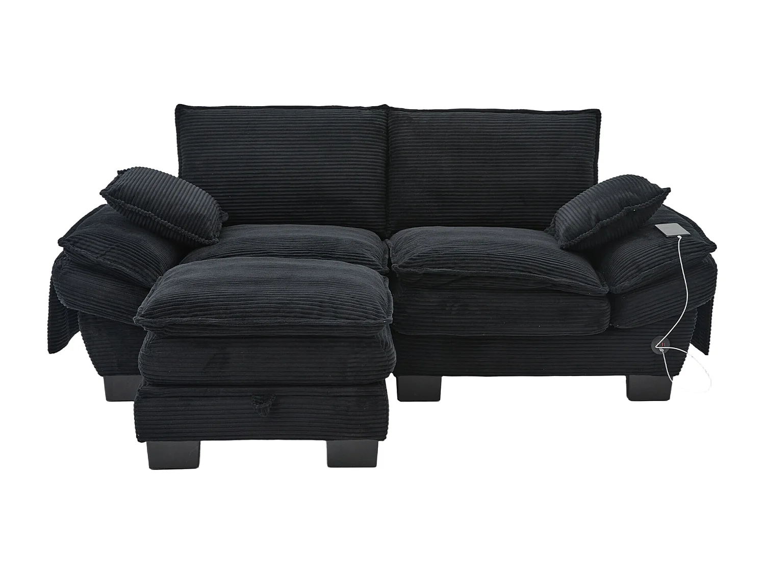 Zweisitzer-Cordsofa-Set – 190 x 132 x 84 cm – mit 1 Aufbewahrungshocker + USB-Anschluss + Taschen – schwarz