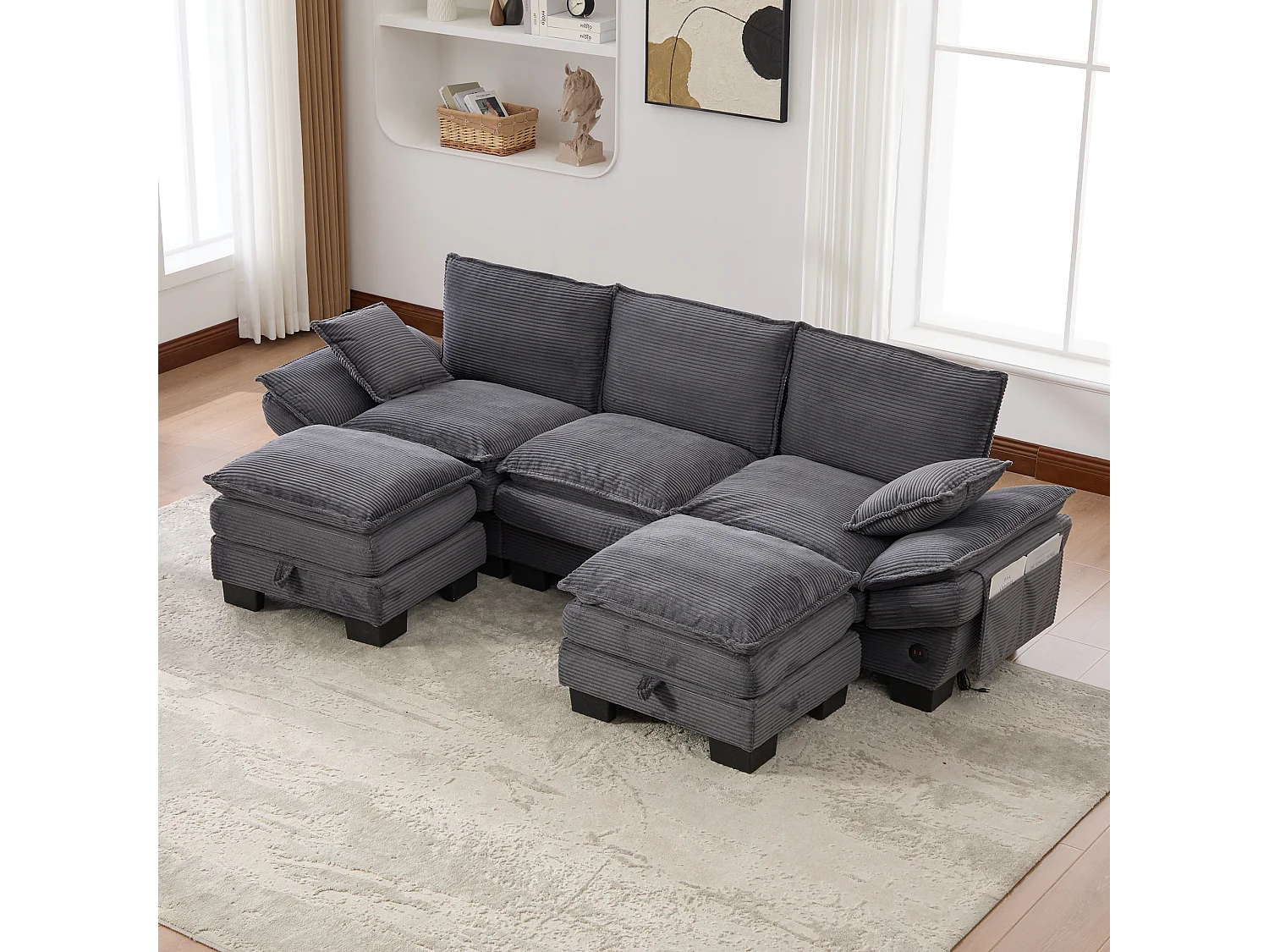 Zestaw wypoczynkowy z tkaniny sztruksowej 3-osobowy - 260 x 132 x 84 cm - z 2 pufami ze schowkiem + port USB + kieszenie - ciemnoszary