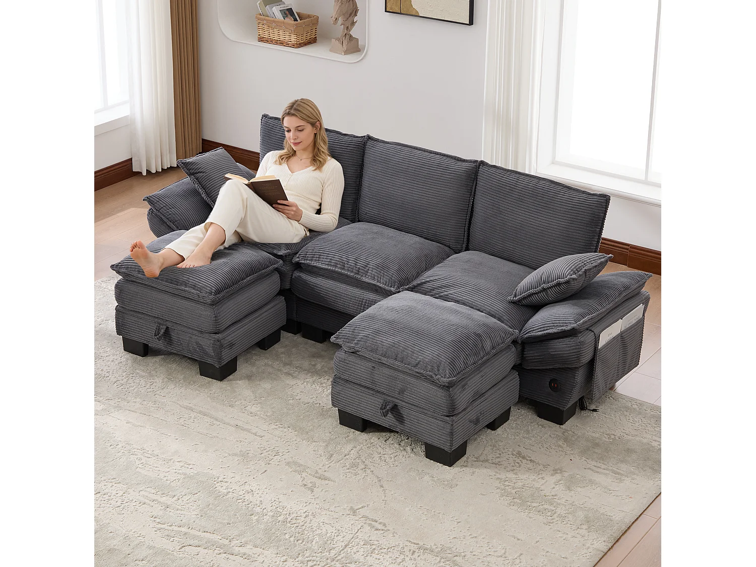 Zestaw wypoczynkowy z tkaniny sztruksowej 3-osobowy - 260 x 132 x 84 cm - z 2 pufami ze schowkiem + port USB + kieszenie - ciemnoszary