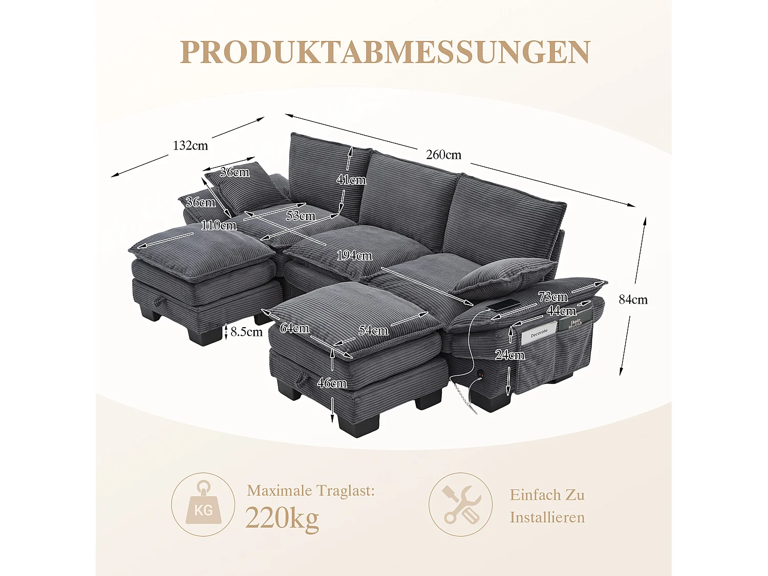 Zestaw wypoczynkowy z tkaniny sztruksowej 3-osobowy - 260 x 132 x 84 cm - z 2 pufami ze schowkiem + port USB + kieszenie - ciemnoszary