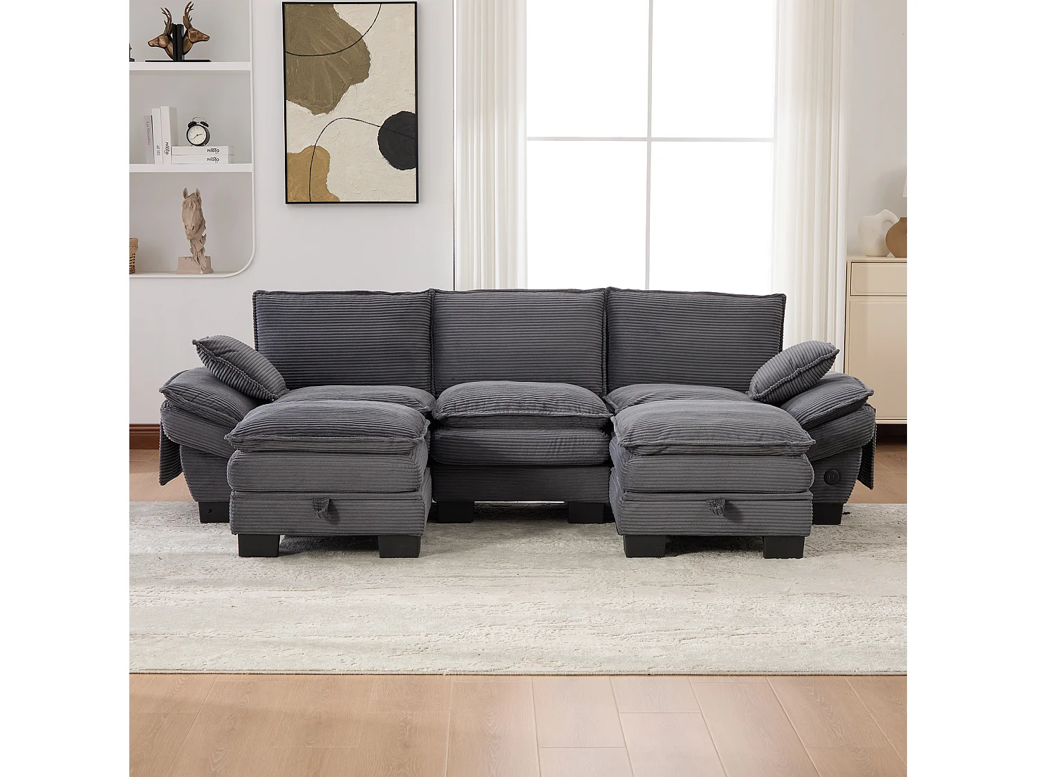 Zestaw wypoczynkowy z tkaniny sztruksowej 3-osobowy - 260 x 132 x 84 cm - z 2 pufami ze schowkiem + port USB + kieszenie - ciemnoszary