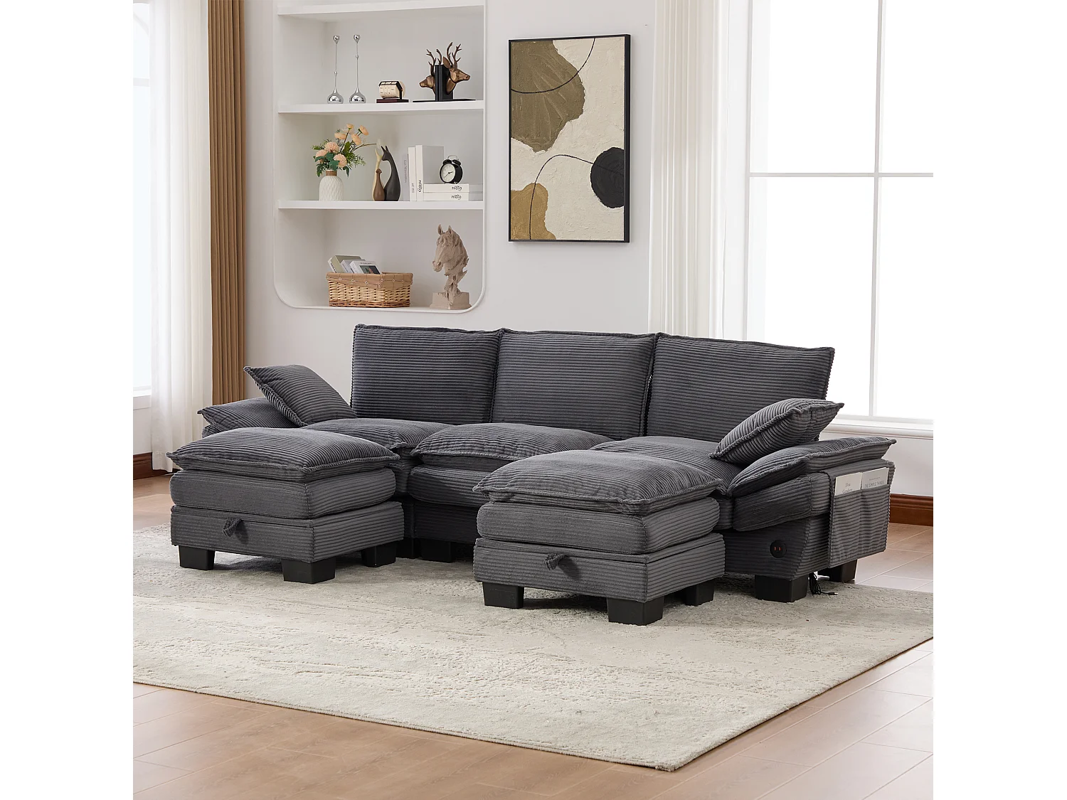 Zestaw wypoczynkowy z tkaniny sztruksowej 3-osobowy - 260 x 132 x 84 cm - z 2 pufami ze schowkiem + port USB + kieszenie - ciemnoszary