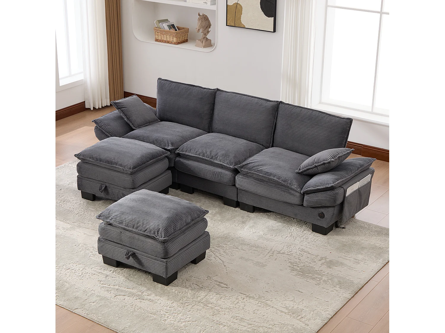 Zestaw wypoczynkowy z tkaniny sztruksowej 3-osobowy - 260 x 132 x 84 cm - z 2 pufami ze schowkiem + port USB + kieszenie - ciemnoszary