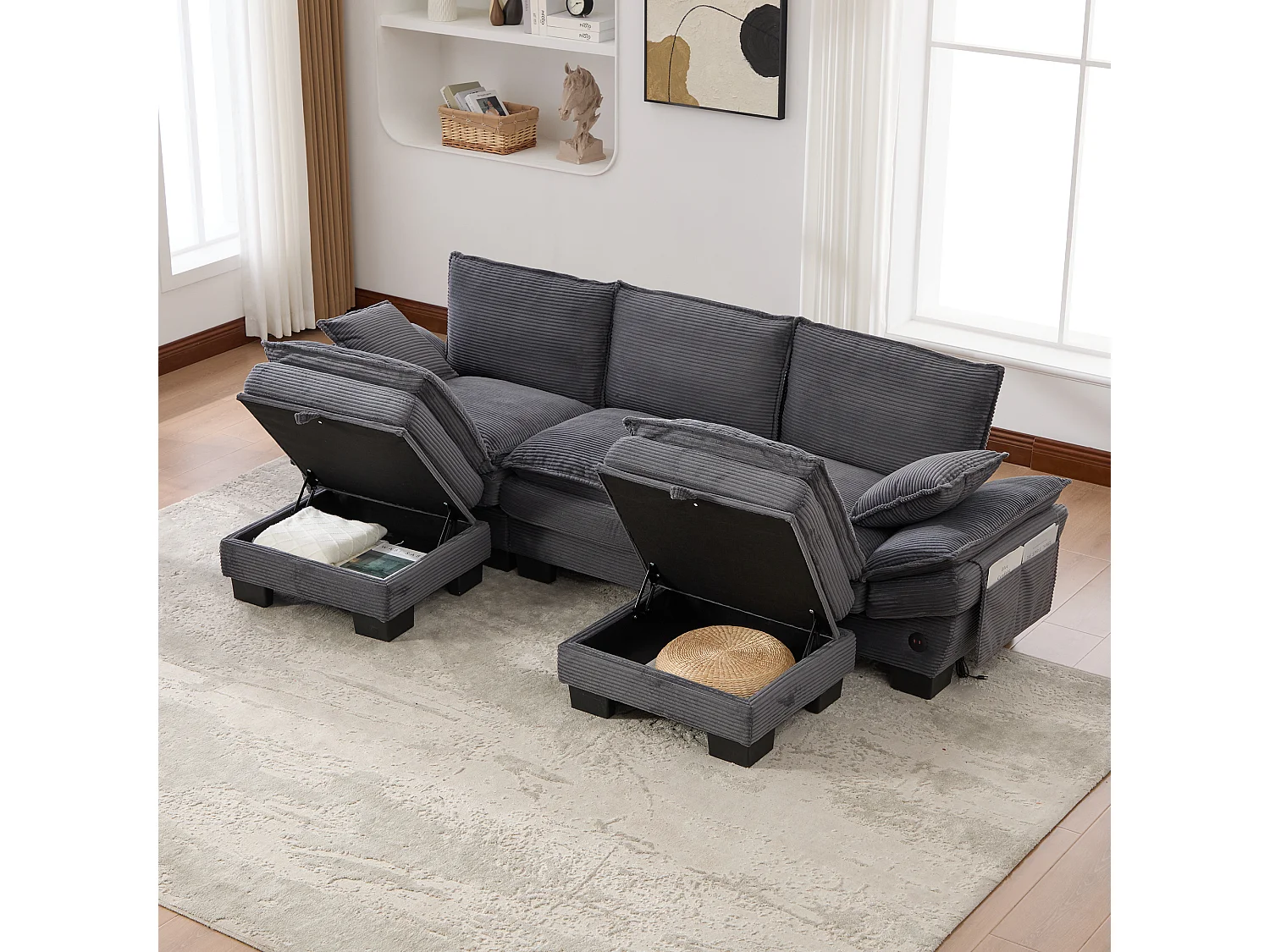 Zestaw wypoczynkowy z tkaniny sztruksowej 3-osobowy - 260 x 132 x 84 cm - z 2 pufami ze schowkiem + port USB + kieszenie - ciemnoszary