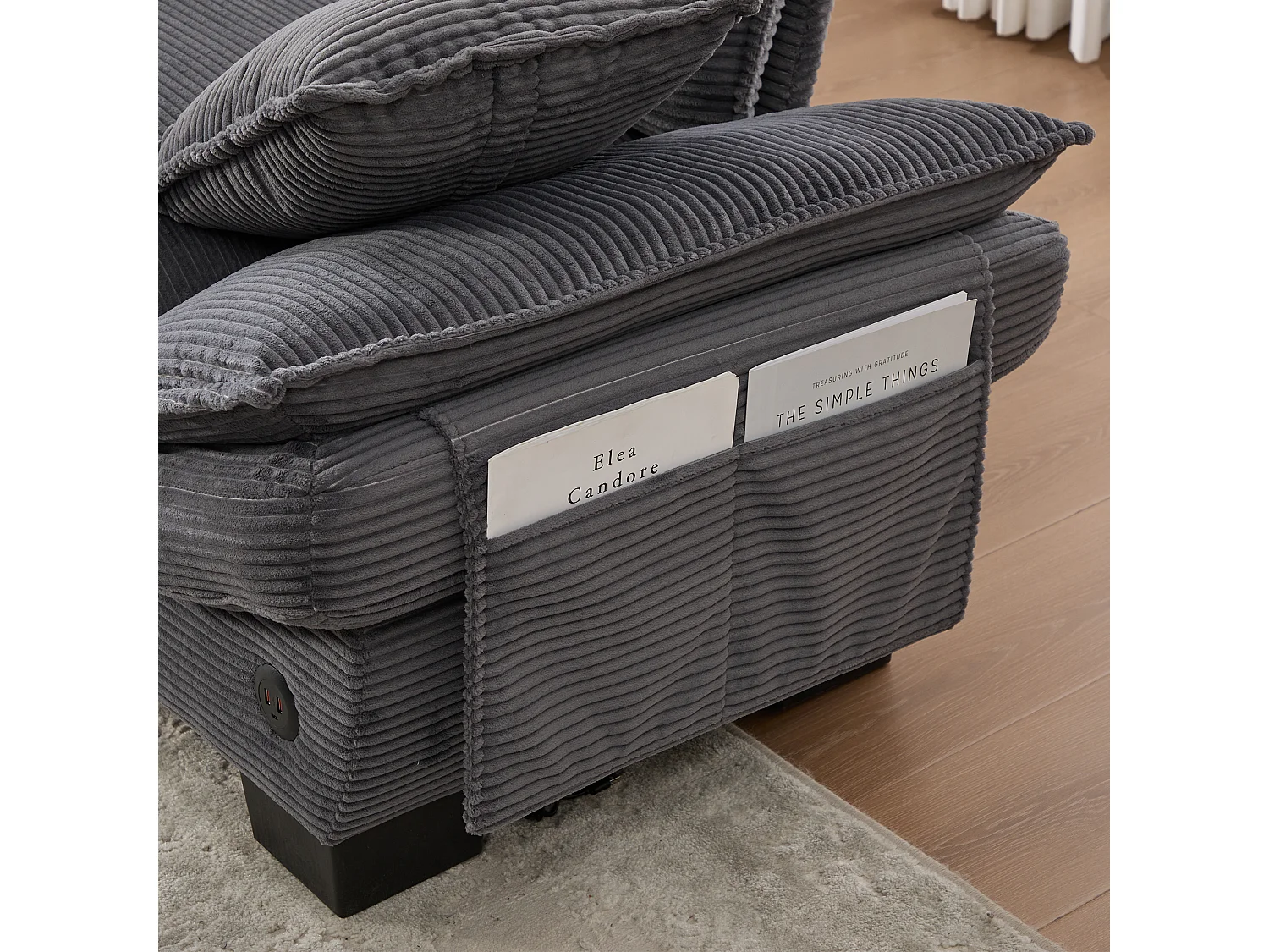 Zestaw wypoczynkowy z tkaniny sztruksowej 3-osobowy - 260 x 132 x 84 cm - z 2 pufami ze schowkiem + port USB + kieszenie - ciemnoszary