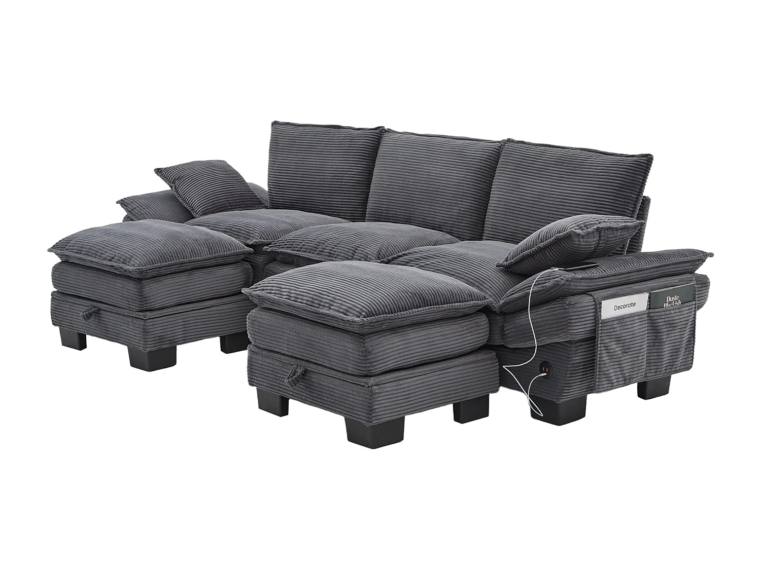 Zestaw wypoczynkowy z tkaniny sztruksowej 3-osobowy - 260 x 132 x 84 cm - z 2 pufami ze schowkiem + port USB + kieszenie - ciemnoszary