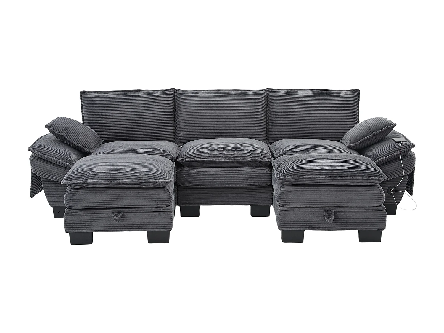 Zestaw wypoczynkowy z tkaniny sztruksowej 3-osobowy - 260 x 132 x 84 cm - z 2 pufami ze schowkiem + port USB + kieszenie - ciemnoszary