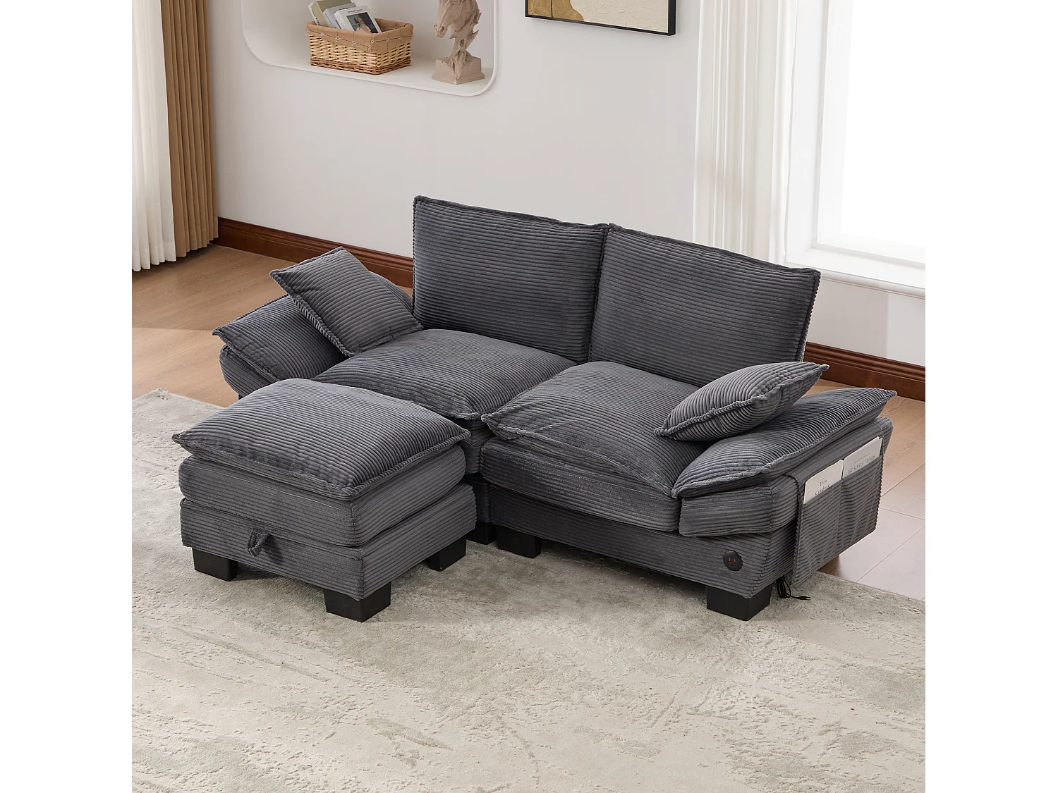 Dwuosobowy zestaw wypoczynkowy z tkaniny sztruksowej - 190 x 132 x 84 cm - z 1 pufem ze schowkiem + portem USB + kieszeniami - ciemnoszary