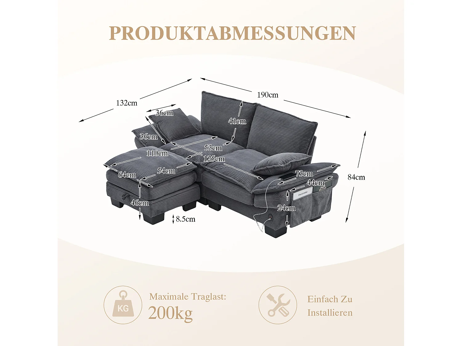Dwuosobowy zestaw wypoczynkowy z tkaniny sztruksowej - 190 x 132 x 84 cm - z 1 pufem ze schowkiem + portem USB + kieszeniami - ciemnoszary