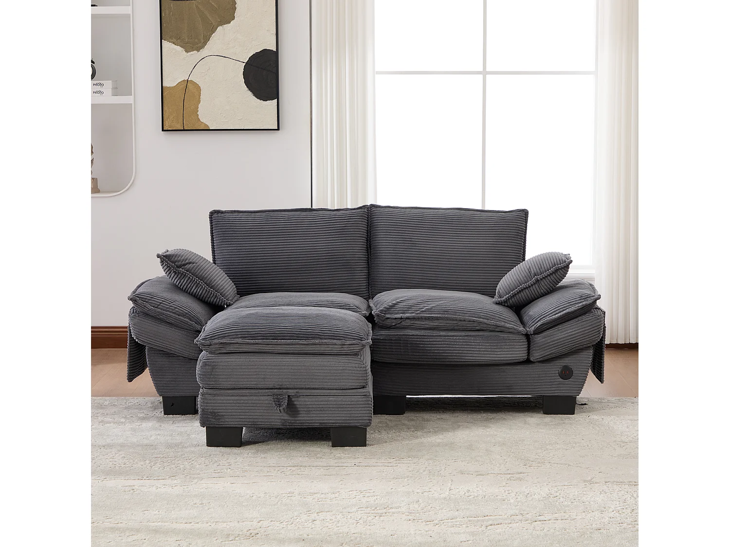 Dwuosobowy zestaw wypoczynkowy z tkaniny sztruksowej - 190 x 132 x 84 cm - z 1 pufem ze schowkiem + portem USB + kieszeniami - ciemnoszary