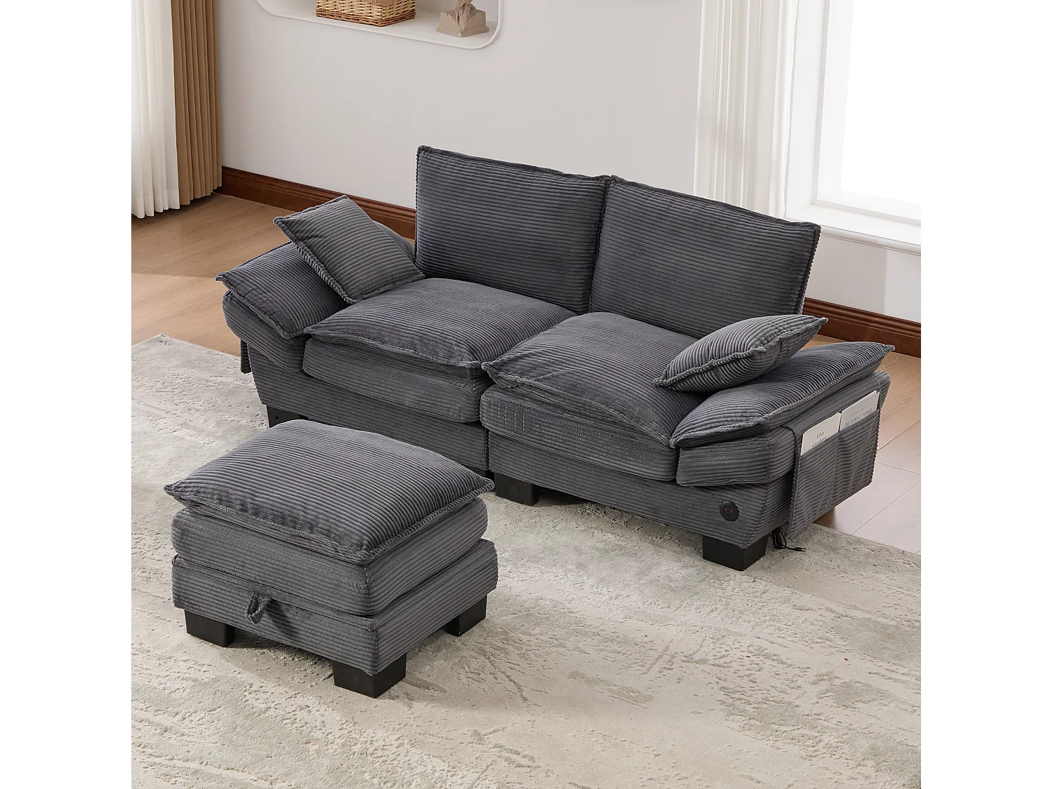 Dwuosobowy zestaw wypoczynkowy z tkaniny sztruksowej - 190 x 132 x 84 cm - z 1 pufem ze schowkiem + portem USB + kieszeniami - ciemnoszary