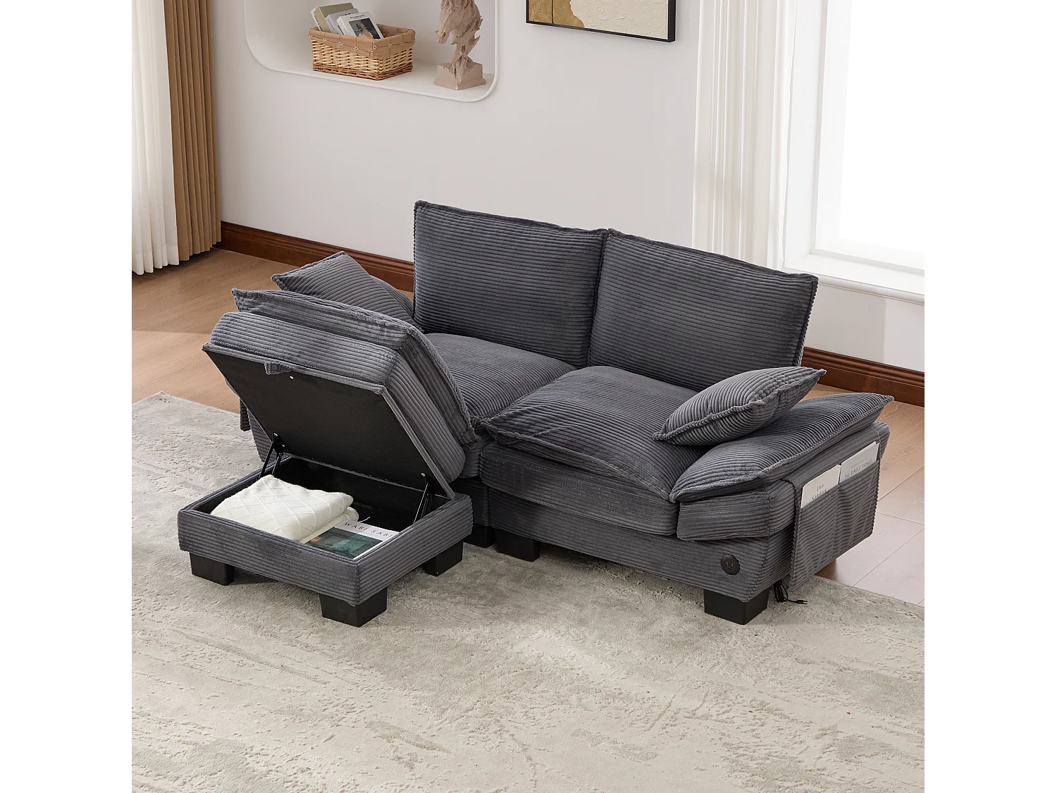 Dwuosobowy zestaw wypoczynkowy z tkaniny sztruksowej - 190 x 132 x 84 cm - z 1 pufem ze schowkiem + portem USB + kieszeniami - ciemnoszary