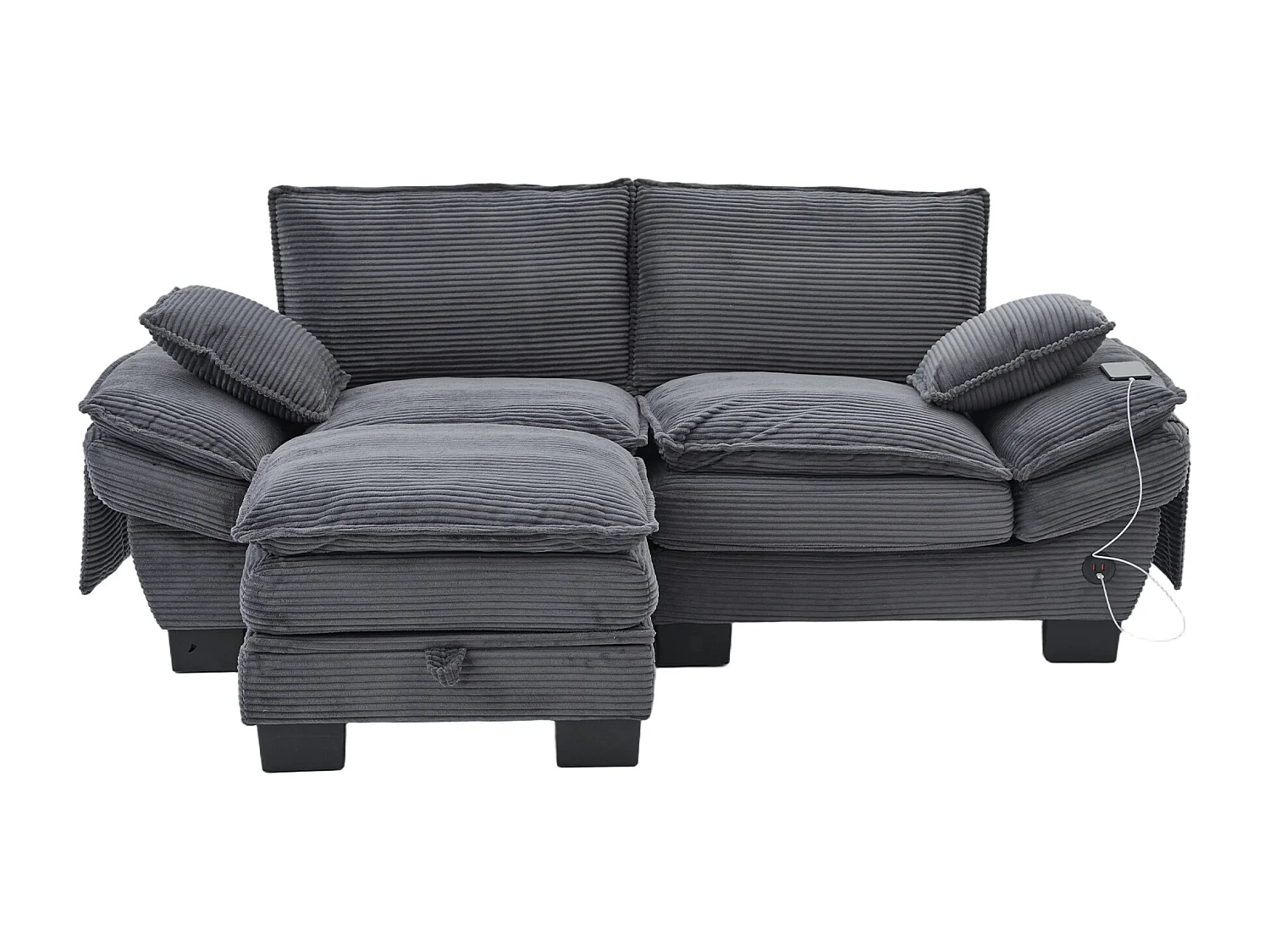 Dwuosobowy zestaw wypoczynkowy z tkaniny sztruksowej - 190 x 132 x 84 cm - z 1 pufem ze schowkiem + portem USB + kieszeniami - ciemnoszary