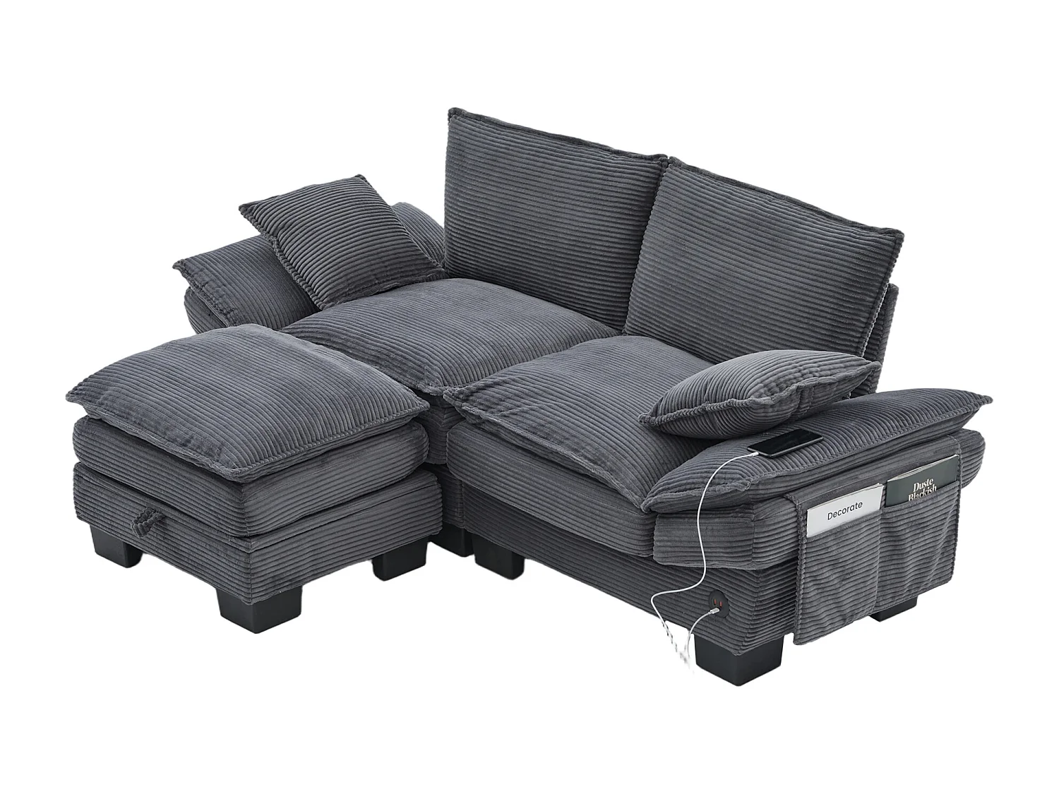 Dwuosobowy zestaw wypoczynkowy z tkaniny sztruksowej - 190 x 132 x 84 cm - z 1 pufem ze schowkiem + portem USB + kieszeniami - ciemnoszary