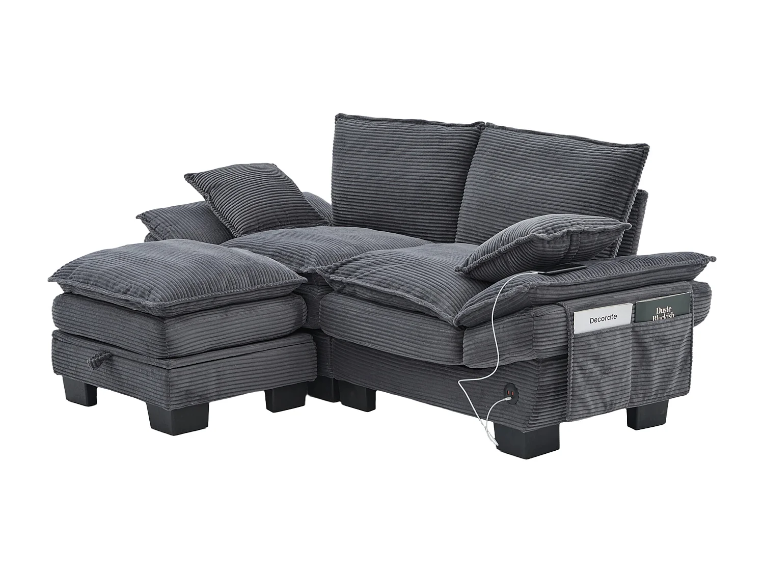 Dwuosobowy zestaw wypoczynkowy z tkaniny sztruksowej - 190 x 132 x 84 cm - z 1 pufem ze schowkiem + portem USB + kieszeniami - ciemnoszary