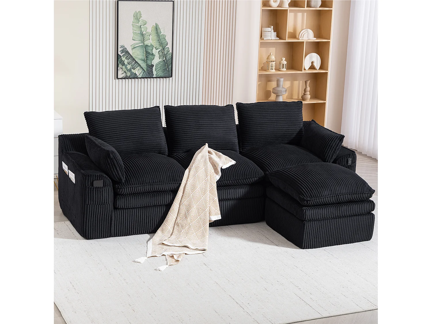 Modulares 3-Sitzer-Sofa-Set aus Cord – 263 x 167 x 85 cm – mit 1 Hocker + Kissen + 2 Taschen – schwarz