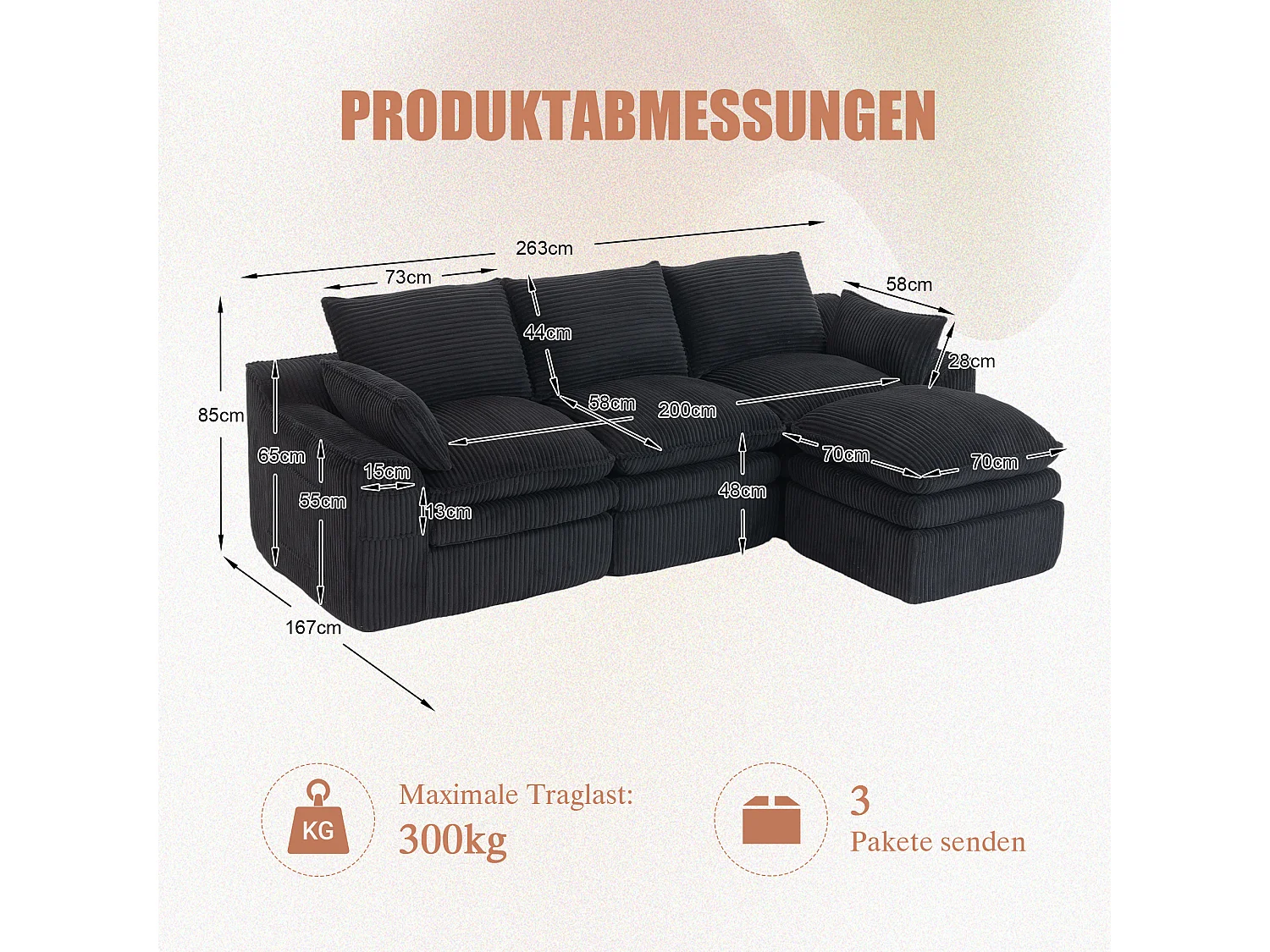 Modulares 3-Sitzer-Sofa-Set aus Cord – 263 x 167 x 85 cm – mit 1 Hocker + Kissen + 2 Taschen – schwarz