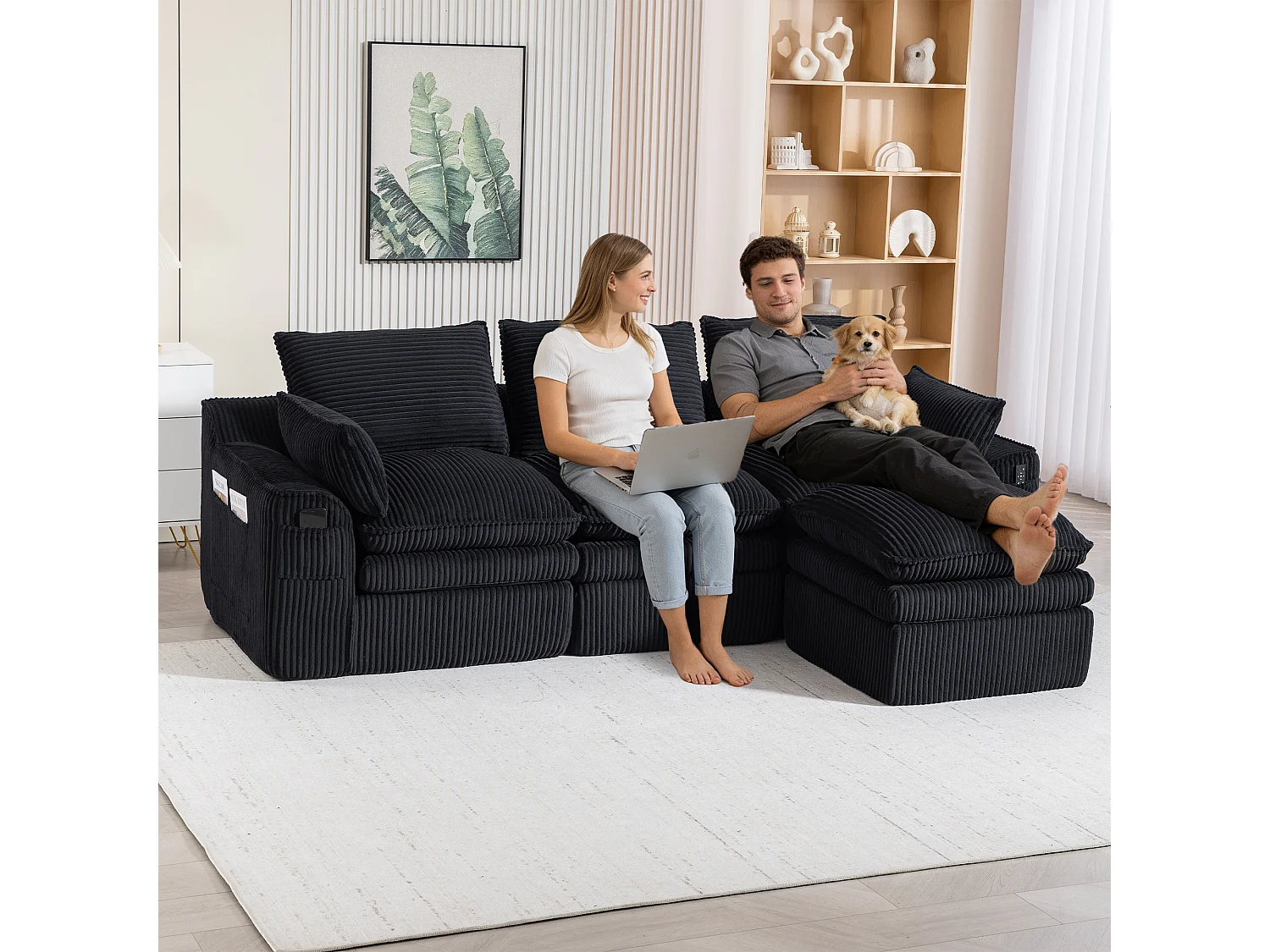 Modulares 3-Sitzer-Sofa-Set aus Cord – 263 x 167 x 85 cm – mit 1 Hocker + Kissen + 2 Taschen – schwarz