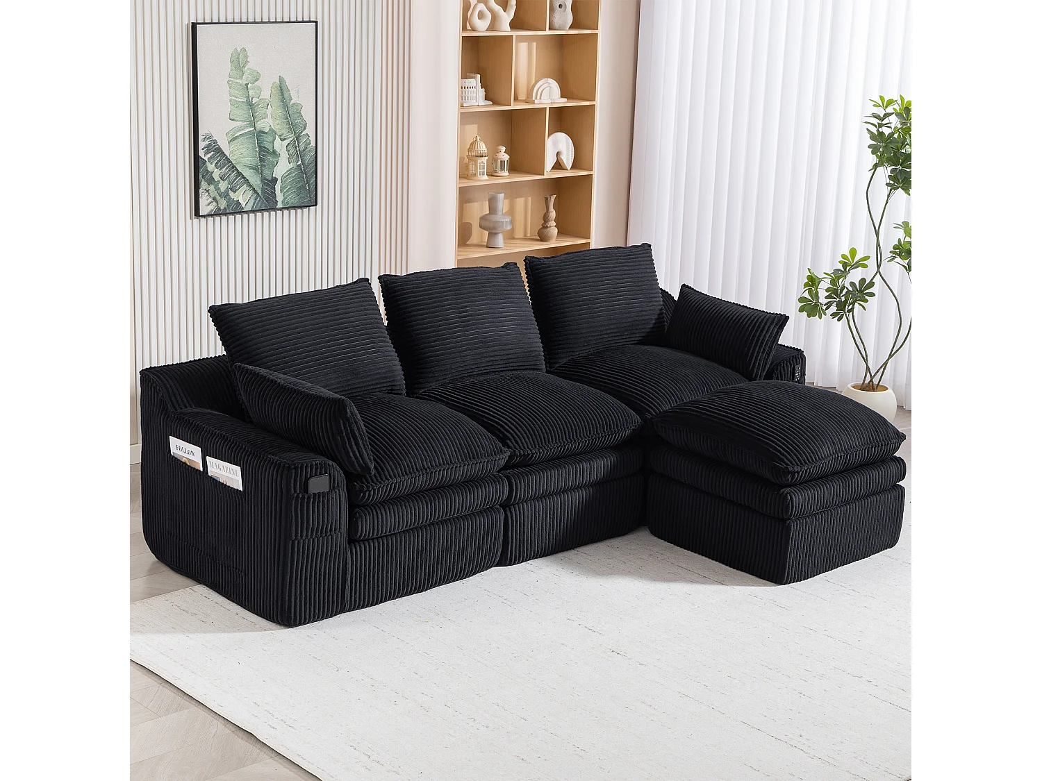 Modulares 3-Sitzer-Sofa-Set aus Cord – 263 x 167 x 85 cm – mit 1 Hocker + Kissen + 2 Taschen – schwarz