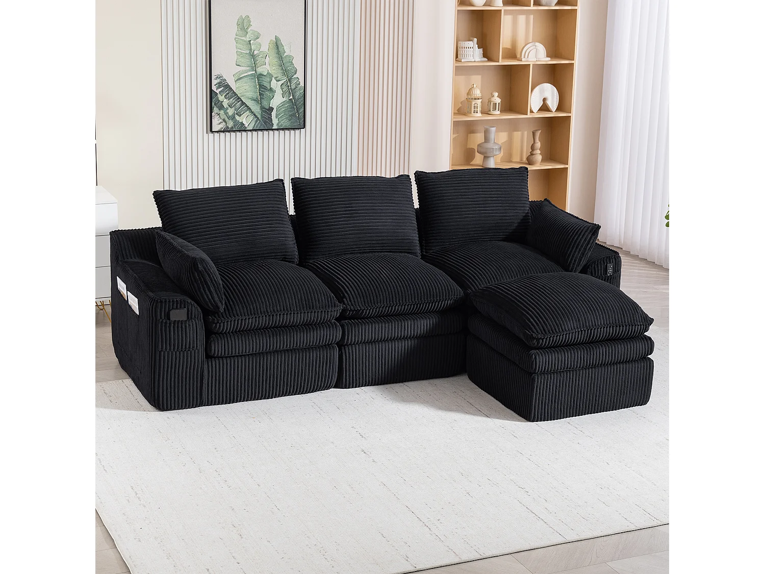 Modulares 3-Sitzer-Sofa-Set aus Cord – 263 x 167 x 85 cm – mit 1 Hocker + Kissen + 2 Taschen – schwarz