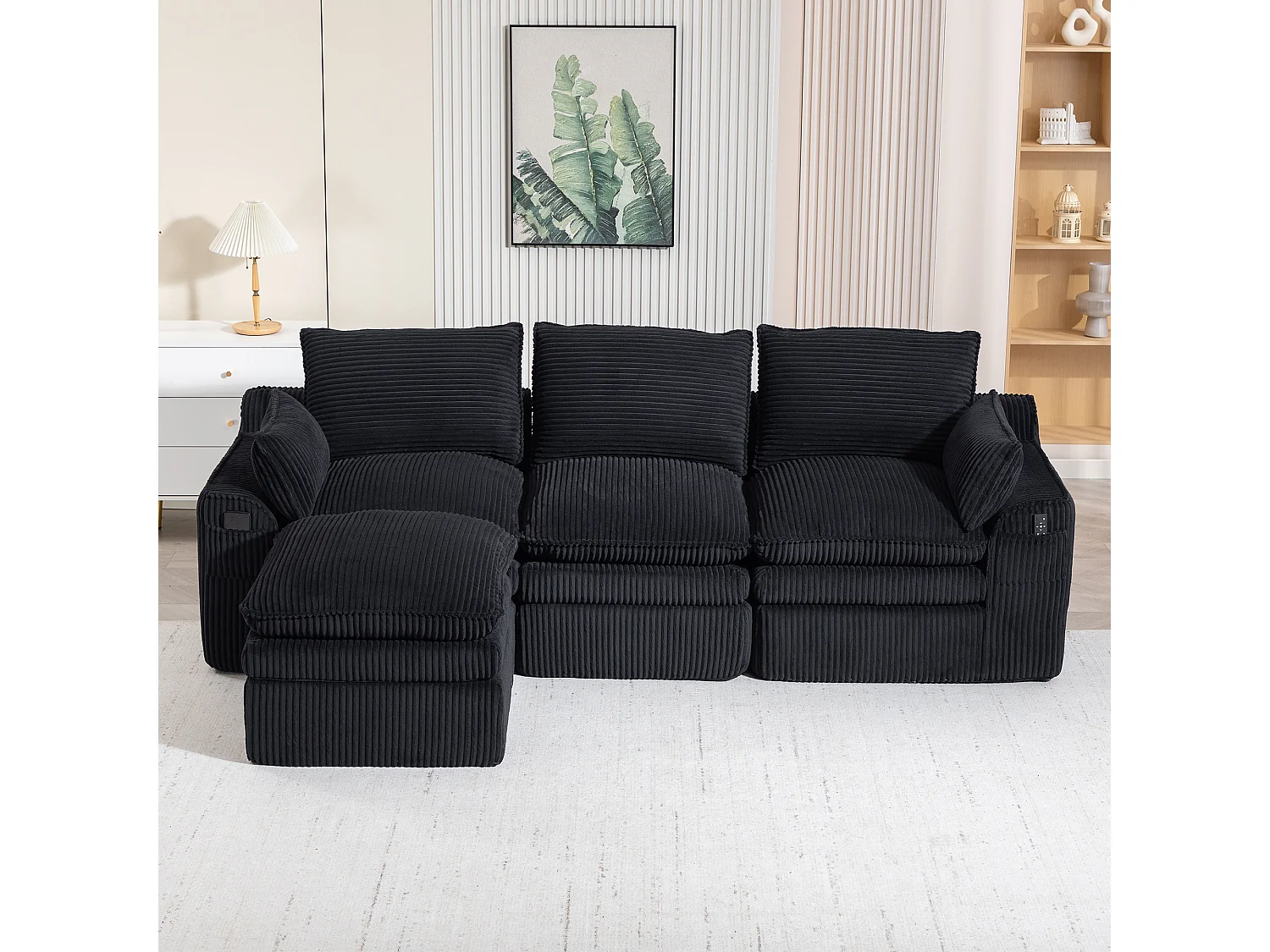 Modulares 3-Sitzer-Sofa-Set aus Cord – 263 x 167 x 85 cm – mit 1 Hocker + Kissen + 2 Taschen – schwarz