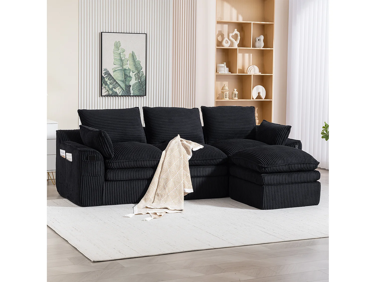 Modulares 3-Sitzer-Sofa-Set aus Cord – 263 x 167 x 85 cm – mit 1 Hocker + Kissen + 2 Taschen – schwarz