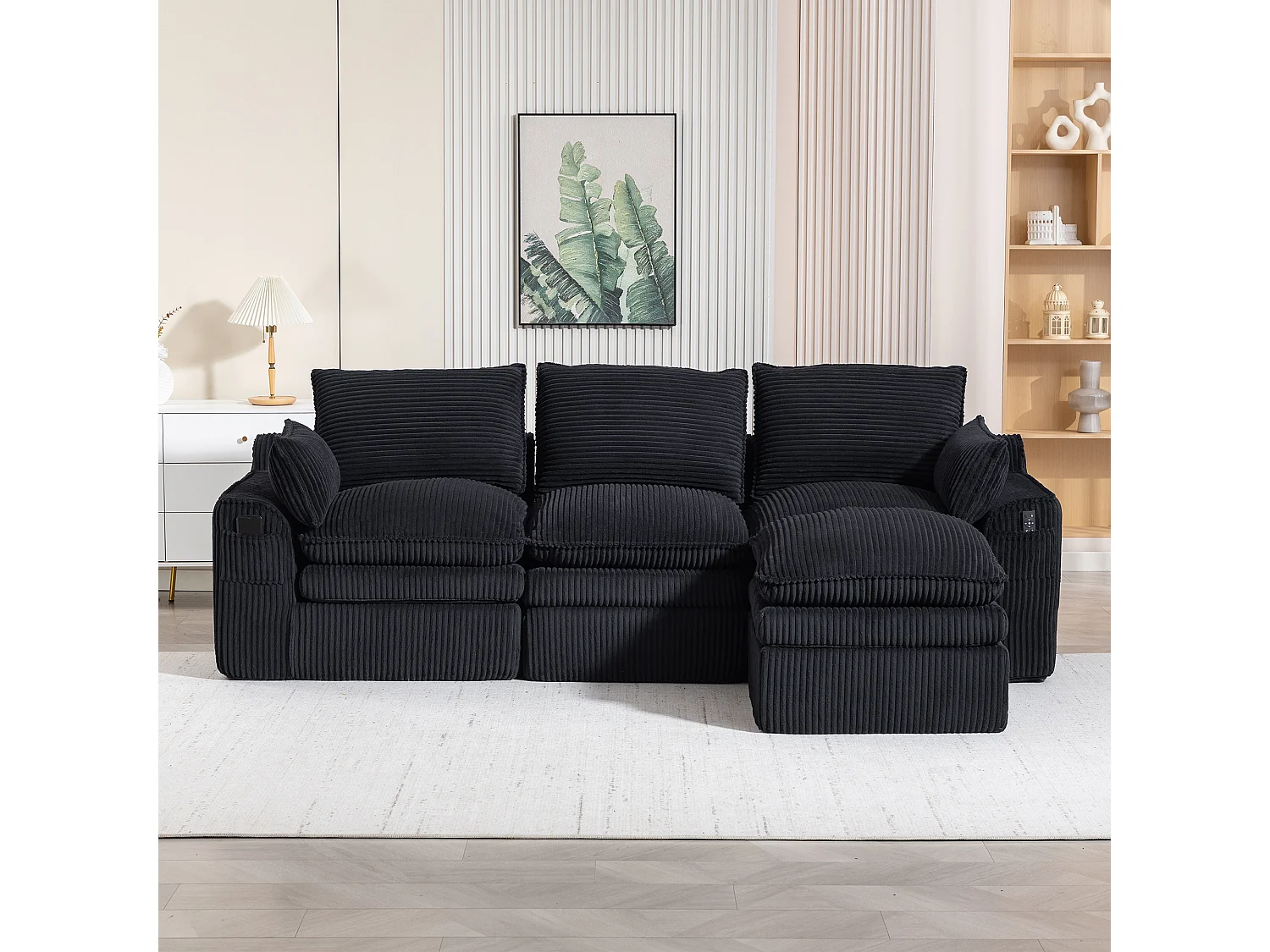 Modulares 3-Sitzer-Sofa-Set aus Cord – 263 x 167 x 85 cm – mit 1 Hocker + Kissen + 2 Taschen – schwarz