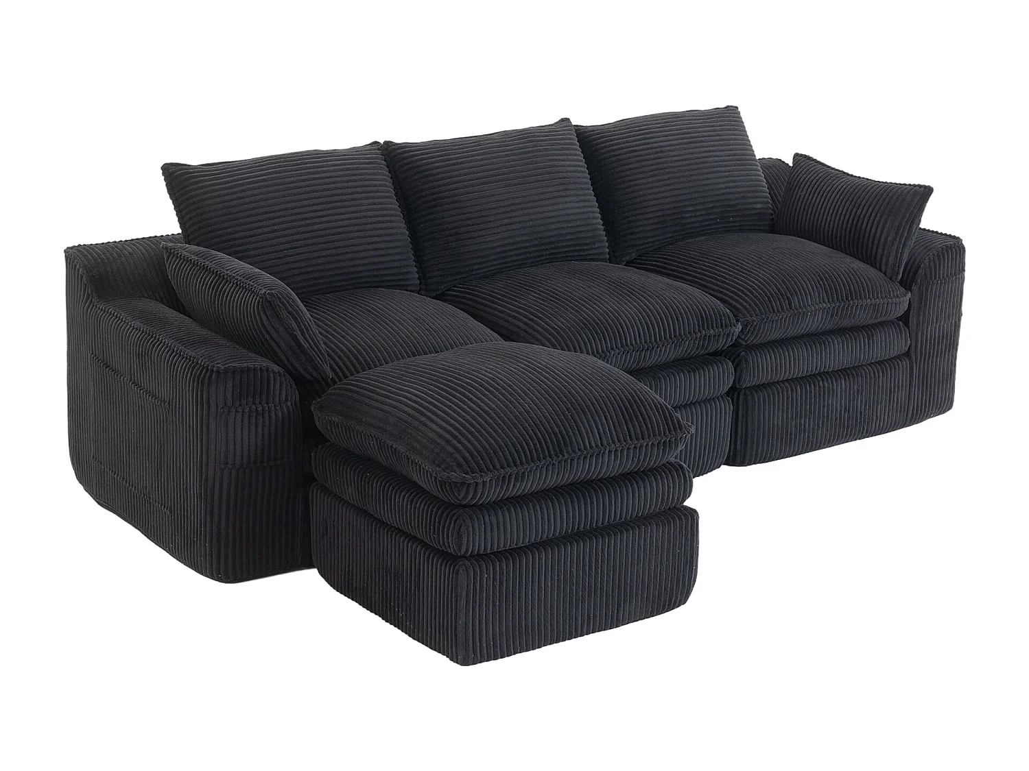 Modulares 3-Sitzer-Sofa-Set aus Cord – 263 x 167 x 85 cm – mit 1 Hocker + Kissen + 2 Taschen – schwarz