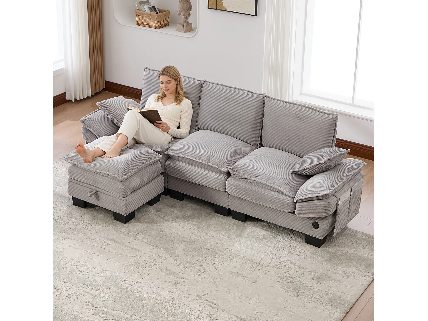 Zestaw wypoczynkowy z tkaniny sztruksowej 3-osobowy - 260 x 132 x 84 cm - z 1 pufem ze schowkiem + portem USB + kieszeniami - jasnoszary