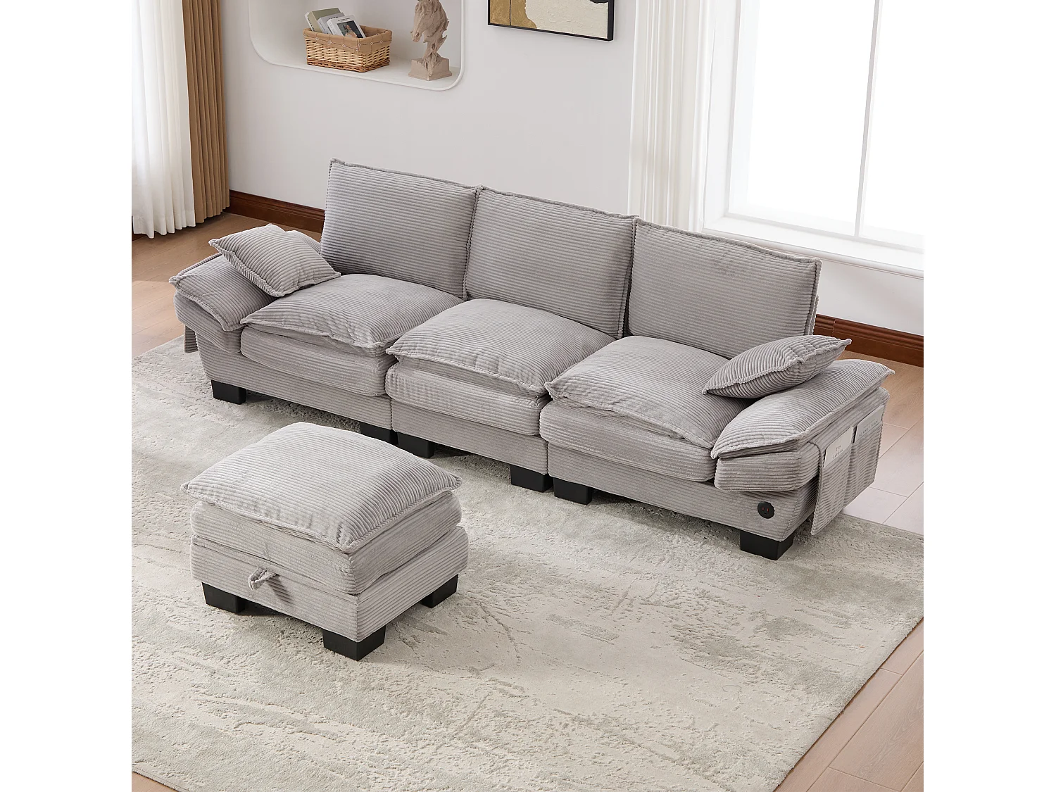 Zestaw wypoczynkowy z tkaniny sztruksowej 3-osobowy - 260 x 132 x 84 cm - z 1 pufem ze schowkiem + portem USB + kieszeniami - jasnoszary