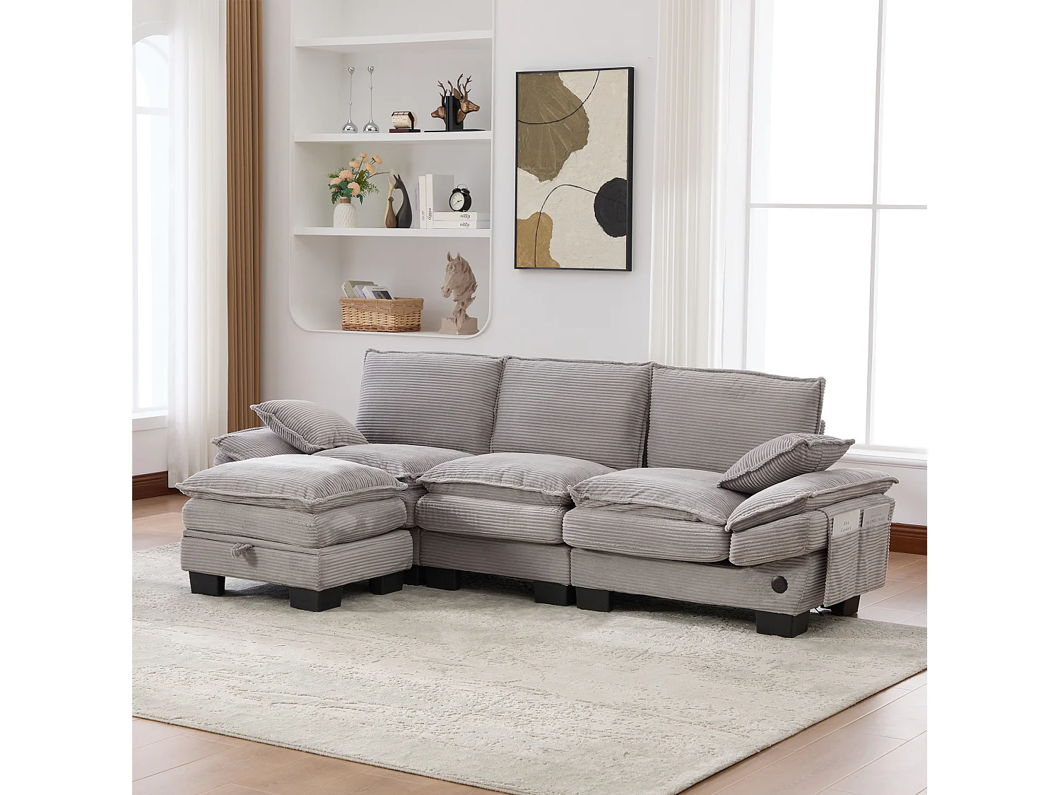 Zestaw wypoczynkowy z tkaniny sztruksowej 3-osobowy - 260 x 132 x 84 cm - z 1 pufem ze schowkiem + portem USB + kieszeniami - jasnoszary