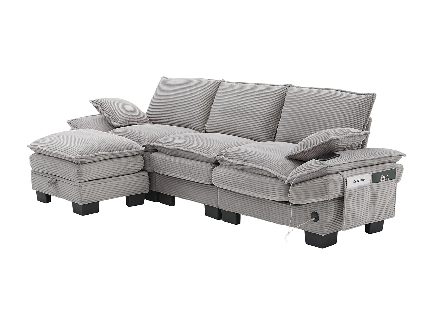 Zestaw wypoczynkowy z tkaniny sztruksowej 3-osobowy - 260 x 132 x 84 cm - z 1 pufem ze schowkiem + portem USB + kieszeniami - jasnoszary