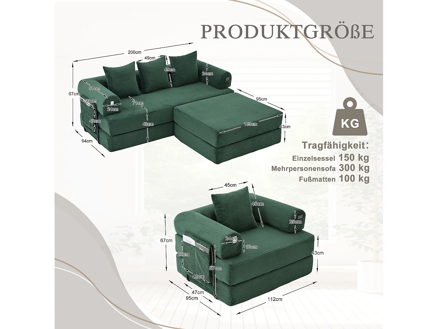 Modulaire 4-zitsbankset - 200 x 190 x 67 cm - met 4 kussens + 1 fauteuil - corduroy - groen