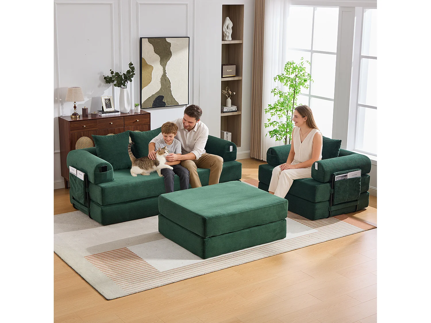 Modulaire 4-zitsbankset - 200 x 190 x 67 cm - met 4 kussens + 1 fauteuil - corduroy - groen