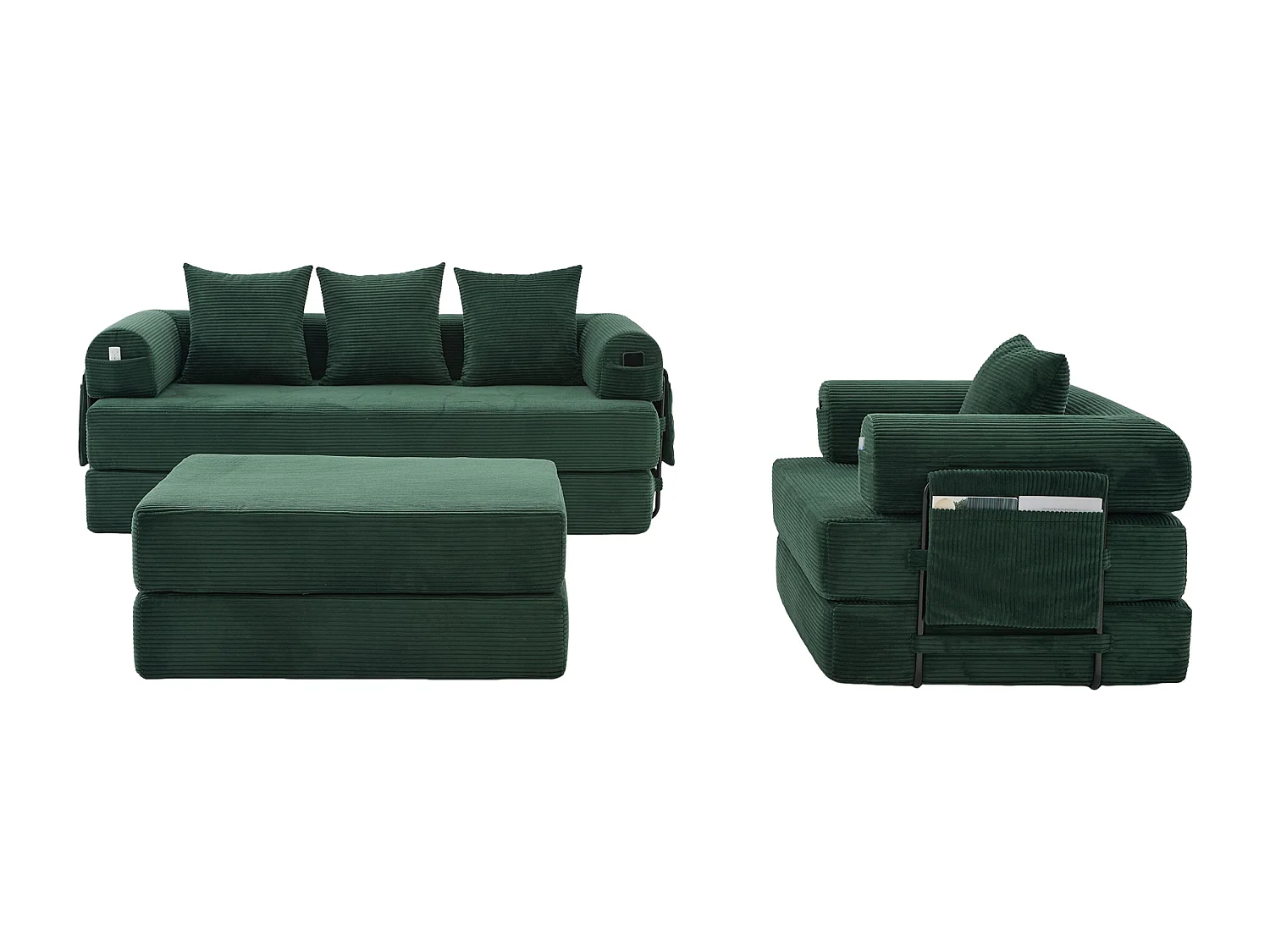 Modulaire 4-zitsbankset - 200 x 190 x 67 cm - met 4 kussens + 1 fauteuil - corduroy - groen