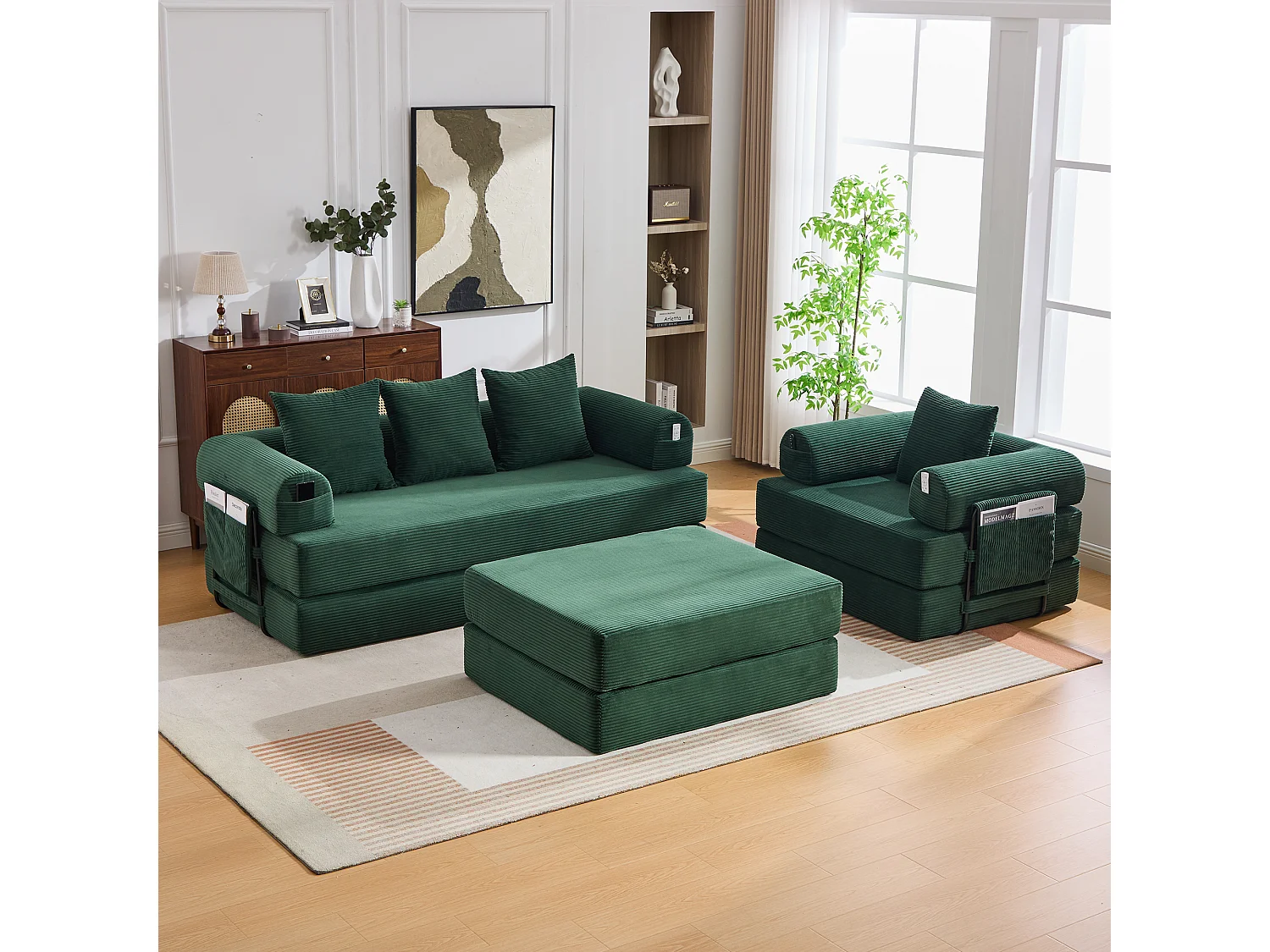 Modulaire 4-zitsbankset - 200 x 190 x 67 cm - met 4 kussens + 1 fauteuil - corduroy - groen